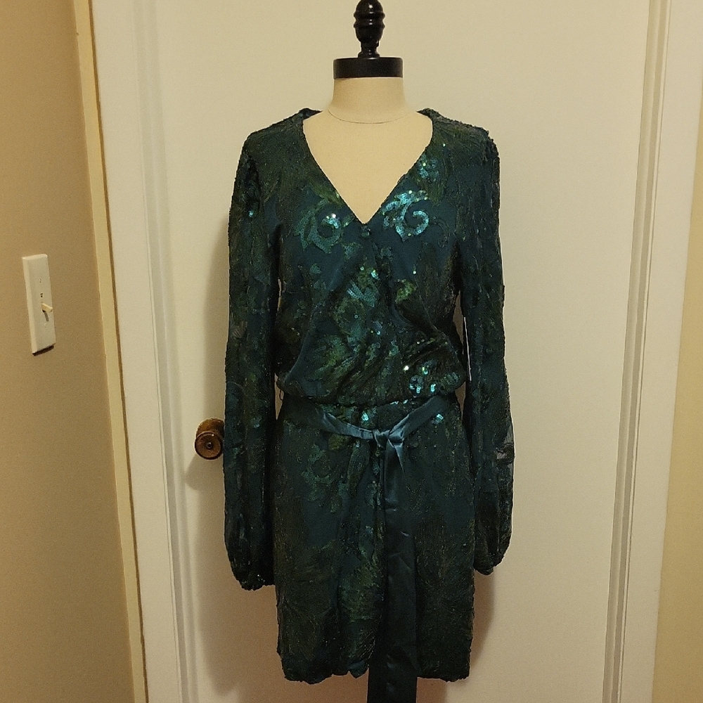 NWT: Premier Amour Women's Long Sleeve Sequin Floral Wrap Dress